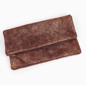 Clare Vivier Bronze Metallic Leather Fold-Over Zipper Clutch